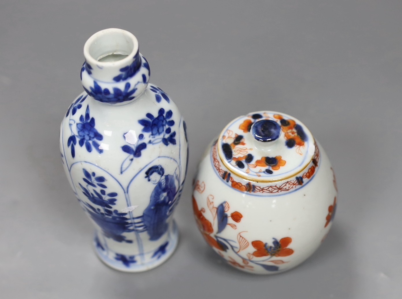 A Chinese Kangxi blue and white small vase, 15cm tall, and an 18th century Chinese Imari pot and cover